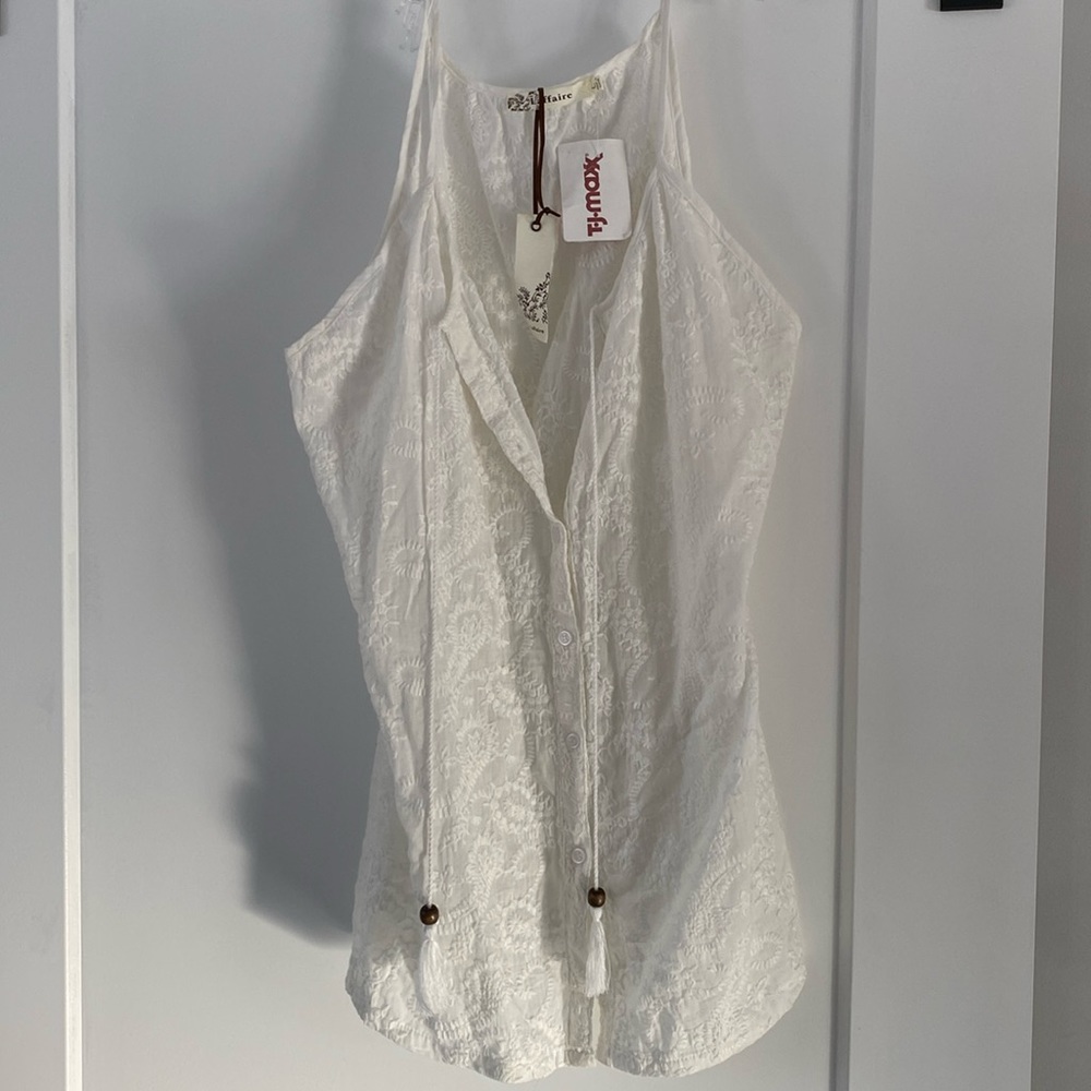 Laffaire cotton embroidered eyelet sleeveless button front blouse spaghetti NWT